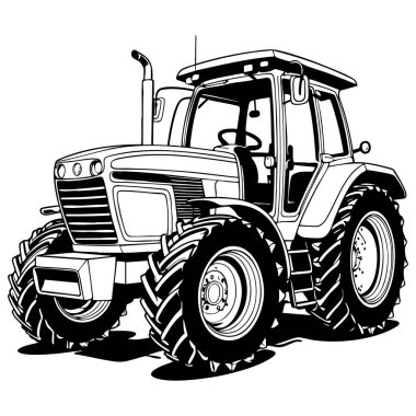 Çocuklar için detaylı çiftlik traktörü çizgisi çizimi. Sayfalar boyama. Güçlü kalın hatlara sahip tarım aracı.