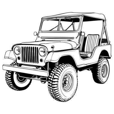 Renklendirme sayfaları için klasik off-road jeep çizgisi sanat çizelgesi. Temiz hatlı klasik kullanım aracı.