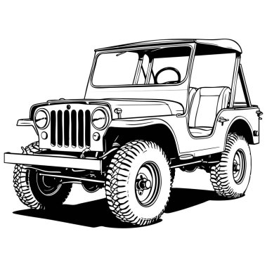Çocuklar ve yetişkin boyama sayfaları için klasik Jeep çizgisi çizimi klasik off road araç tasarımı