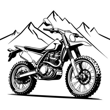 Renklendirme sayfaları macera motosiklet sahnesi için dağ arka planına sahip arazi motosiklet çizgisi çizimi