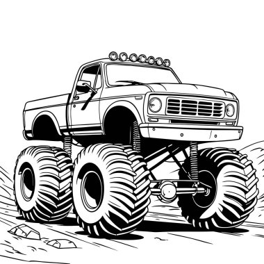 Renkli sayfalar için aşırı canavar kamyonet çizgisi çizimi.