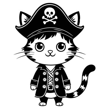 Renklendirme sayfaları için sevimli korsan kedi karakteri çizimi eğlenceli çizgi film hayvan teması