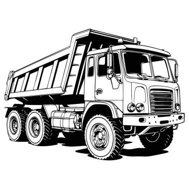 Renklendirme sayfaları için yan görünüm çöp kamyonu çizgisi çizimi ağır görev inşaat taşımacılığı