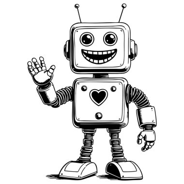 Gülümseyen robot karakter cesur siyah beyaz çizgilerle el sallıyor sayfaları boyamak ve eğitici robot temaları için ideal.