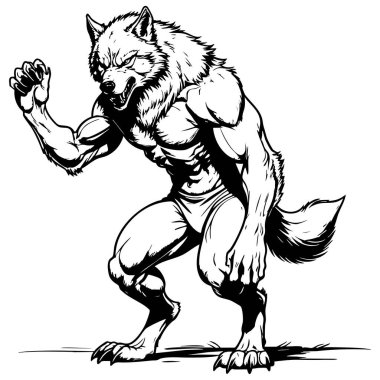 Güçlü anatomisi olan yoğun kurt adam yaratığı koyu siyah beyaz çizgilerle resmedilmiş fantezi ve canavar boyama sayfaları için ideal.