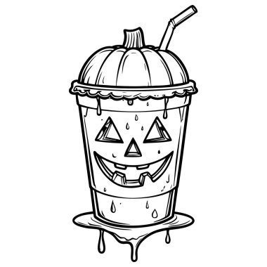 Cadılar bayramı boyama sayfası ve çocuk aktivitesi için samanla çizilmiş balkabağı kabağı resmi.