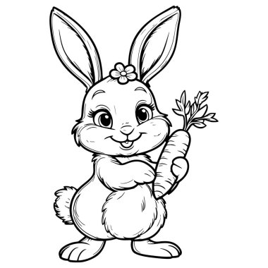 Sevimli tavşan elinde siyah beyaz çizgili havuç tutuyor. Sayfaları ve hayvan temalarını boyamak için mükemmel.