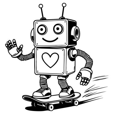 Çocuklar için kaykay süren arkadaş canlısı robot sayfa eğlencesi ve basılabilir sanat