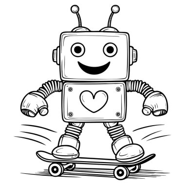 Gülümseyen robot karakter kaykayı çocuklar için mükemmel bir boyama sayfası ve yaratıcı oyun