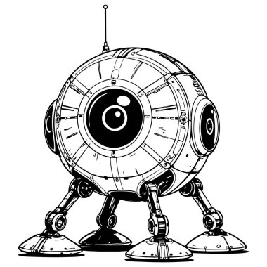 Bacakları ve gözleri çocuklar için mükemmel basılabilir bilim kurgu sanatı sayfası boyayan fütüristik yuvarlak robot.