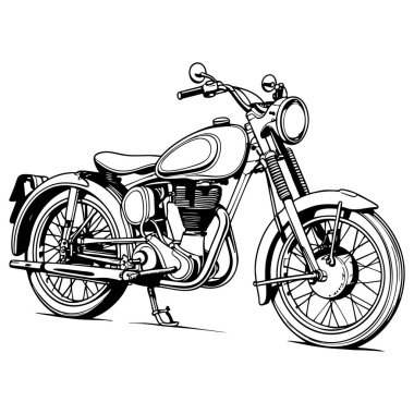 Detaylı mekanik parçaları ve temiz çizgileri olan klasik bir motosiklet çizgisi çizimi