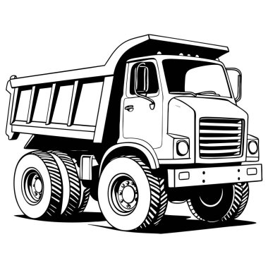 Büyük tekerlekleri ve endüstriyel tasarımı olan ağır bir damperli kamyonun siyah beyaz çizgisi çizimi