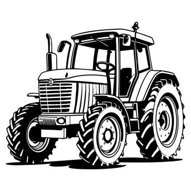 Büyük tekerlekleri ve tarımsal makineleri olan modern bir tarım traktörünün siyah beyaz çizgisi çizimi