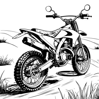 Açık hava macera tarzıyla engebeli arazide park edilmiş siyah beyaz çizgili arazi motosikleti sanatı.