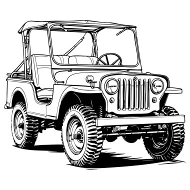 Siyah beyaz çizgili klasik bir off-road jeep çizimi. Sert lastikleri ve açık vücut tasarımı var.