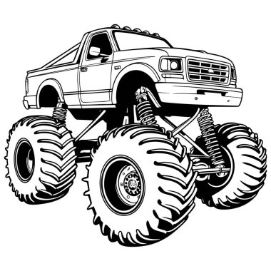 Siyah beyaz çizgili dev bir kamyonun büyük boy lastikleri ve dinamik manzaralı süspansiyonu.