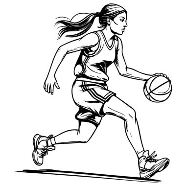 Dinamik spor aksiyonunda koşarken salya akıtan bir bayan basketbolcunun siyah beyaz çizgisi çizimi