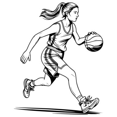 Siyah-beyaz çizgili bir resim. Kadın bir basketbolcunun topu hareket halinde koşması ve kontrol etmesi.