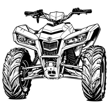 Renklendirme sayfaları ve araç tasarımları için uygun mekanik detay ve kalın çizgilerle ayrıntılı siyah ve beyaz ön görünüm dörtlü bisiklet çizimi