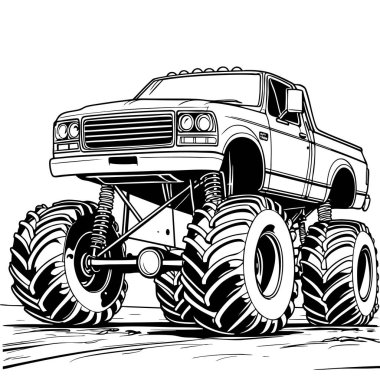 Renklendirme sayfaları için uygun siyah beyaz lastikli güçlü bir canavar kamyon.