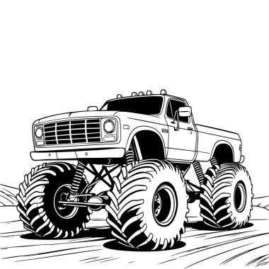 Renkli sayfalar ve off-road temaları için ideal siyah beyaz resimli canavar kamyonet olarak modifiye edilmiş klasik bir pikap.