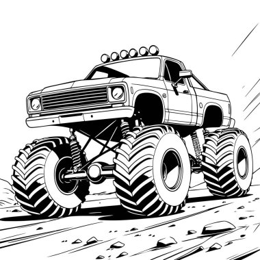 Dinamik canavar kamyon siyah ve beyaz bir şekilde engebeli arazide sürüyor. Renklendirme sayfaları aksiyon araç sanatı ve otomotiv grafikleri için mükemmel.