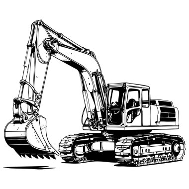 Renklendirme sayfaları için temiz siyah beyaz çizgi biçiminde çizilmiş ayrıntılı kol ve kova ile güçlü inşaat kazıcısı