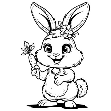 Sevimli tavşan karakter elinde çiçek aksesuarlı bir havuç tutuyor. Siyah beyaz çizilmiş. Sayfaları boyamak ve şirin hayvan sanatları için mükemmel.