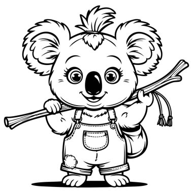 Tatlı koala karakteri elinde boyama kitapları ve çocuk aktiviteleri için uygun siyah beyaz çizgilerle çizilmiş bir çubuk tutuyor.