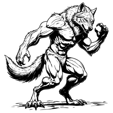 Dinamik pozlarda vahşi kaslı kurtadam yaratık koyu siyah-beyaz bir şekilde çizilmiş. Fantezi renkli sayfalar ve karanlık sanat tasarımları için ideal.