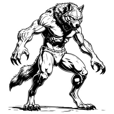 Güçlü, kaslı, siyah beyaz çizgilerle çizilmiş kurtadam yaratık. Fantezi resim sayfaları ve posterleri için uygun.