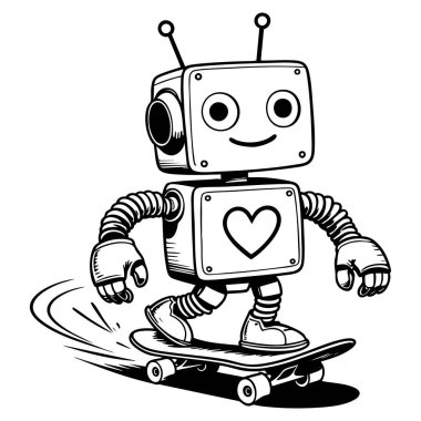 Dost canlısı robot kaykay sürüyor. Temiz çizgili sanat tarzıyla çizilmiş. Sayfa teknolojisi boyama teması için mükemmel.