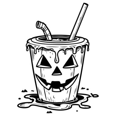 Kalın çizgili samanla çizilmiş ürkütücü balkabağı bardağı Cadılar Bayramı temalı renklendirme sayfası için mükemmel.