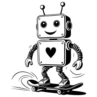 Dost canlısı robot kaykay sürüyor. Temiz çizgiler çizerek resim çiziyor. Sayfaları boyamak ve eğlenceli aktiviteler için mükemmel.