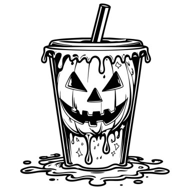 Eritme detaylarıyla dolu ürkütücü balkabağı bardağı cadılar bayramı temalı çocuk boyama sayfası için ideal sanat tarzıyla resmedilmiş.