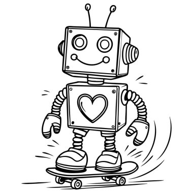 Güzel gülümseyen robot kaykaya biniyor. Temiz, kalın çizgili sanat tarzıyla çizilmiş. Sayfayı boyamak için ideal.
