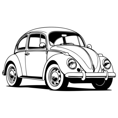 Vintage Volkswagen böcek arabası çocuk boyama sayfası ve klasik araba hayranları için ideal çizgiler çizer.