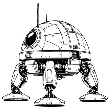 Gelişmiş yürüyen robot mekanik bacaklı detaylı bilim kurgu çizgisi resim tarzıyla renklendirme sayfası