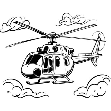 Bulutların arasında uçan detaylı helikopter. Temiz çizgiler çizerek çizilmiş. Sayfaları boyamak için mükemmel.