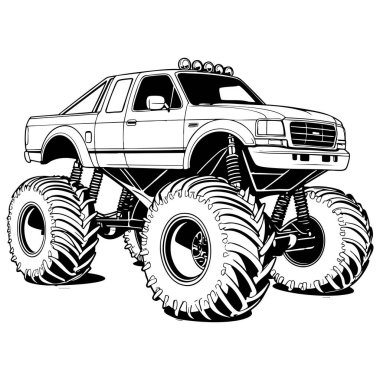 Büyük lastikleri olan güçlü bir canavar kamyon. Renklendirme sayfası için dinamik çizgiler çiziyor.