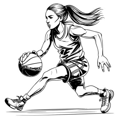Renkli sayfa posterleri ve spor tasarımları için uygun dinamik hareketlerle salya akıtan bir bayan basketbolcunun siyah beyaz çizimi