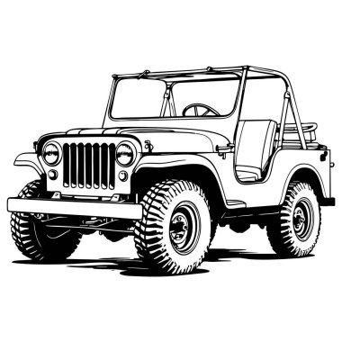 Renklendirme kitapları, otomobil sanatı ve macera temaları için ideal detaylı lastiklere sahip siyah beyaz üst üste cip çizimi