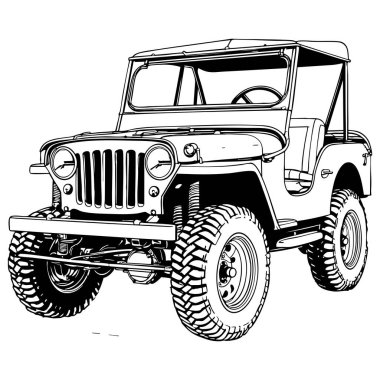 Renklendirme sayfaları posterleri ve otomotiv tasarımları için uygun siyah-beyaz çizilmiş klasik arazi aracı.