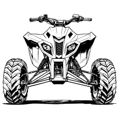 Powerful atv quad bike front view illustrated in bold black and white line art for coloring page