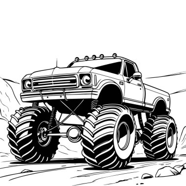 Klasik tarz canavar kamyon kayalık arazide sürüyor. Renklendirme sayfası için temiz siyah beyaz çizgili çizgiler çiziyor.