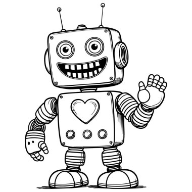 Sevimli dost canlısı robot el sallıyor. Temiz siyah beyaz çizgilerle çizilmiş. Çocuk boyama sayfası için mükemmel.