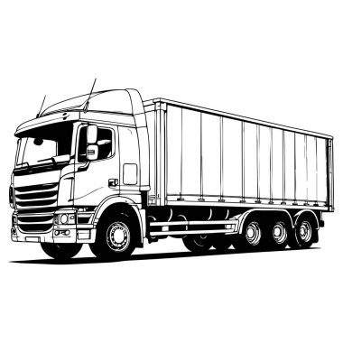 Geniş kargo kamyonu kenar görüntüsü, sayfa boyama için uygun temiz siyah beyaz çizgi sanatı ile gösterilmiştir