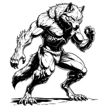 Siyah beyaz fantezi çizgisi sanat illüstrasyonunda güçlü bir kurt adam karakteri.