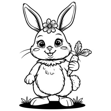 Siyah beyaz çizgili havuç tutan sevimli tavşan çizimi.