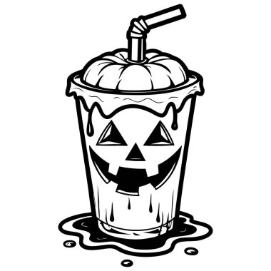 Cadılar Bayramı renklendirmesi için siyah beyaz balkabağı içeceği karakteri çizimi